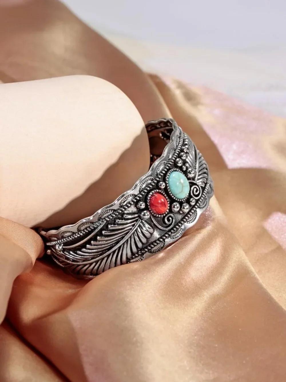 Turquoise Feather Cuff Bracelet - Adjustable Silver Boho Jewelry with Red